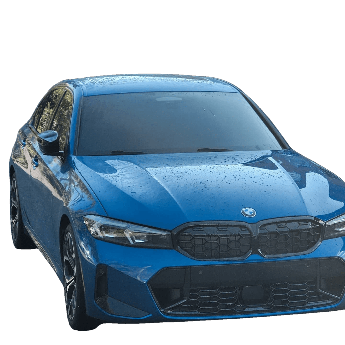 A blue BMW 3 Series beading water across its freshly ceramic coated hood after detailing in Westminster, MD